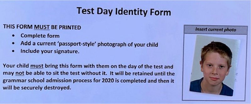 test day identity form for grammar school entrance exam